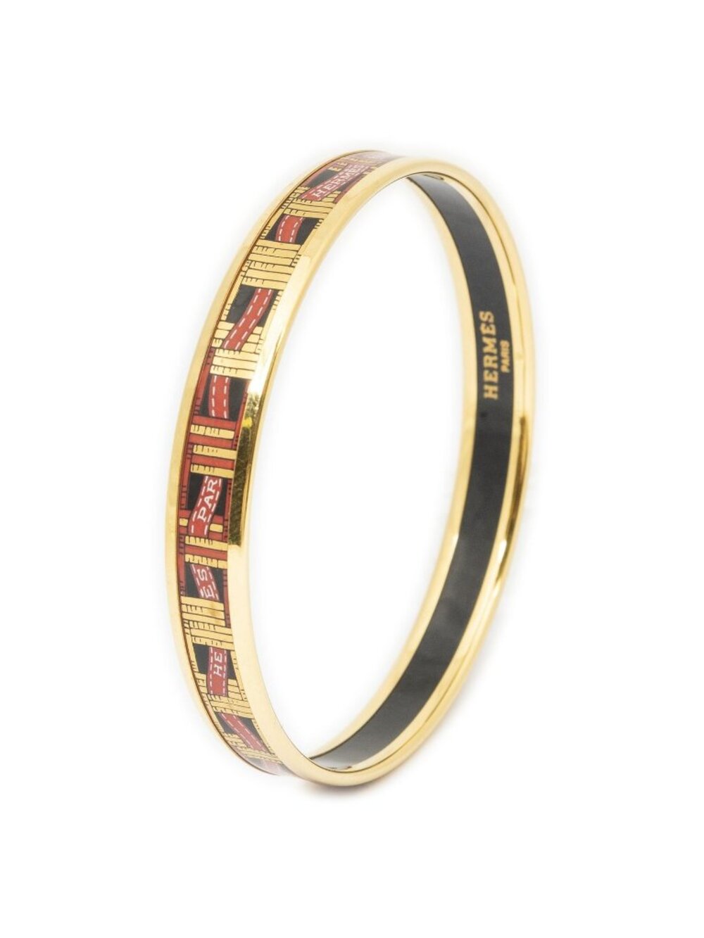 Hermes Enamel Bangle Red Gold Black Leather Belt and Buckle Motif Bracelet